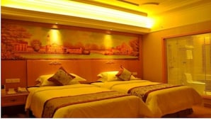 A hotel room with two beds, a painting on the wall, and a window with blinds. - Vienna International Hotel (Lhasa)
