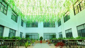 A spacious indoor atrium with a high ceiling, large windows, and potted plants arranged along the walkway. - Greentree Express Hotel (Wuxi)