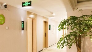 A hotel corridor with directional signs, a potted plant, and a door leading to another room.