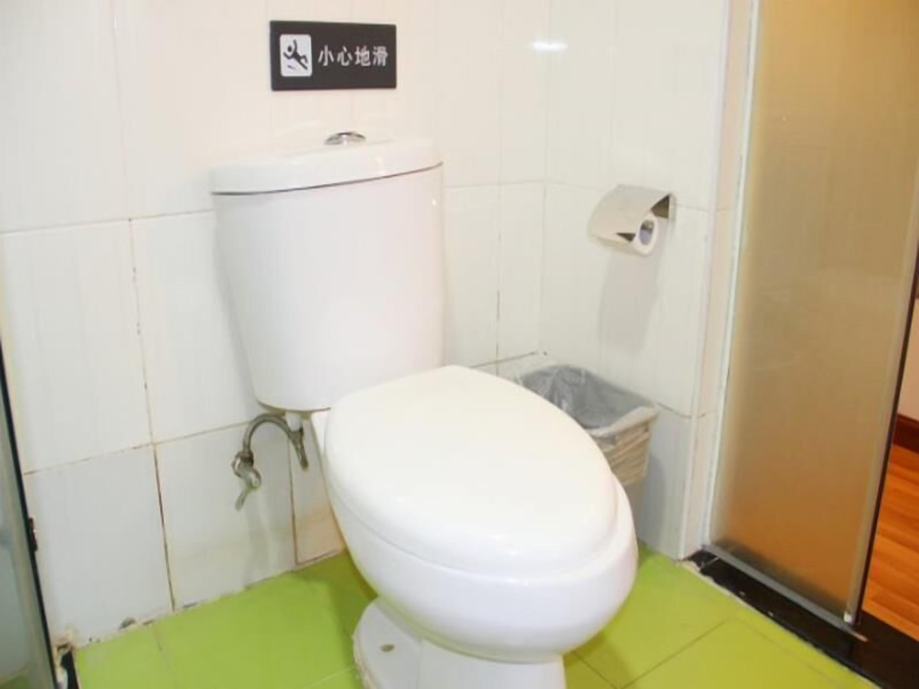 A small, white toilet with a green floor, a trash bin, and a toilet paper dispenser on the wall.