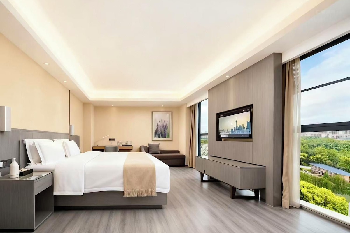 A modern hotel room with a large bed, a desk, a flat-screen TV, and a city view.