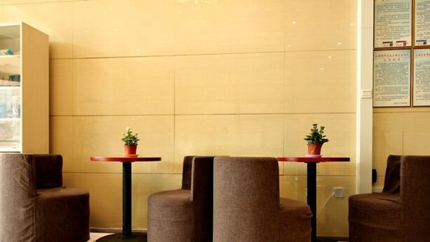 A modern lobby with four brown armchairs and two small tables, each with a potted plant.