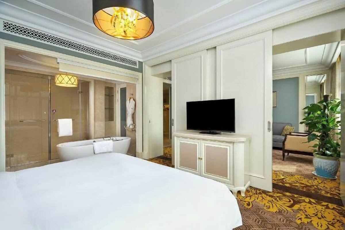 A hotel room with a large bed, a television, a bathroom with a bathtub, and a potted plant.