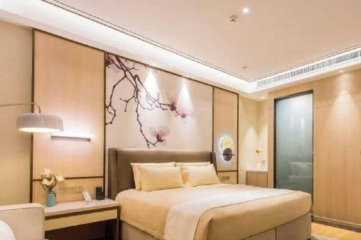 A modern hotel room with a large bed, a bedside table, a wall-mounted lamp, and a decorative wall piece.