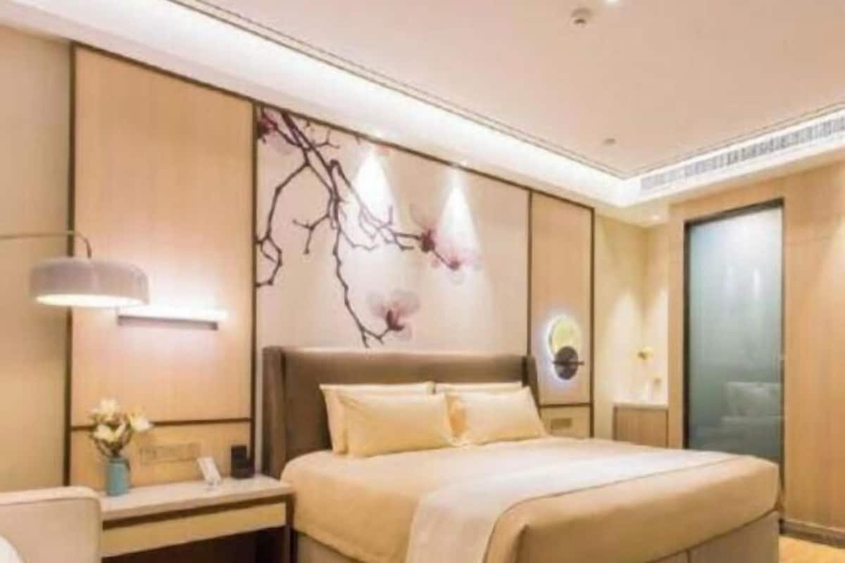 A modern hotel room with a large bed, a bedside table, a wall-mounted lamp, and a decorative wall piece.