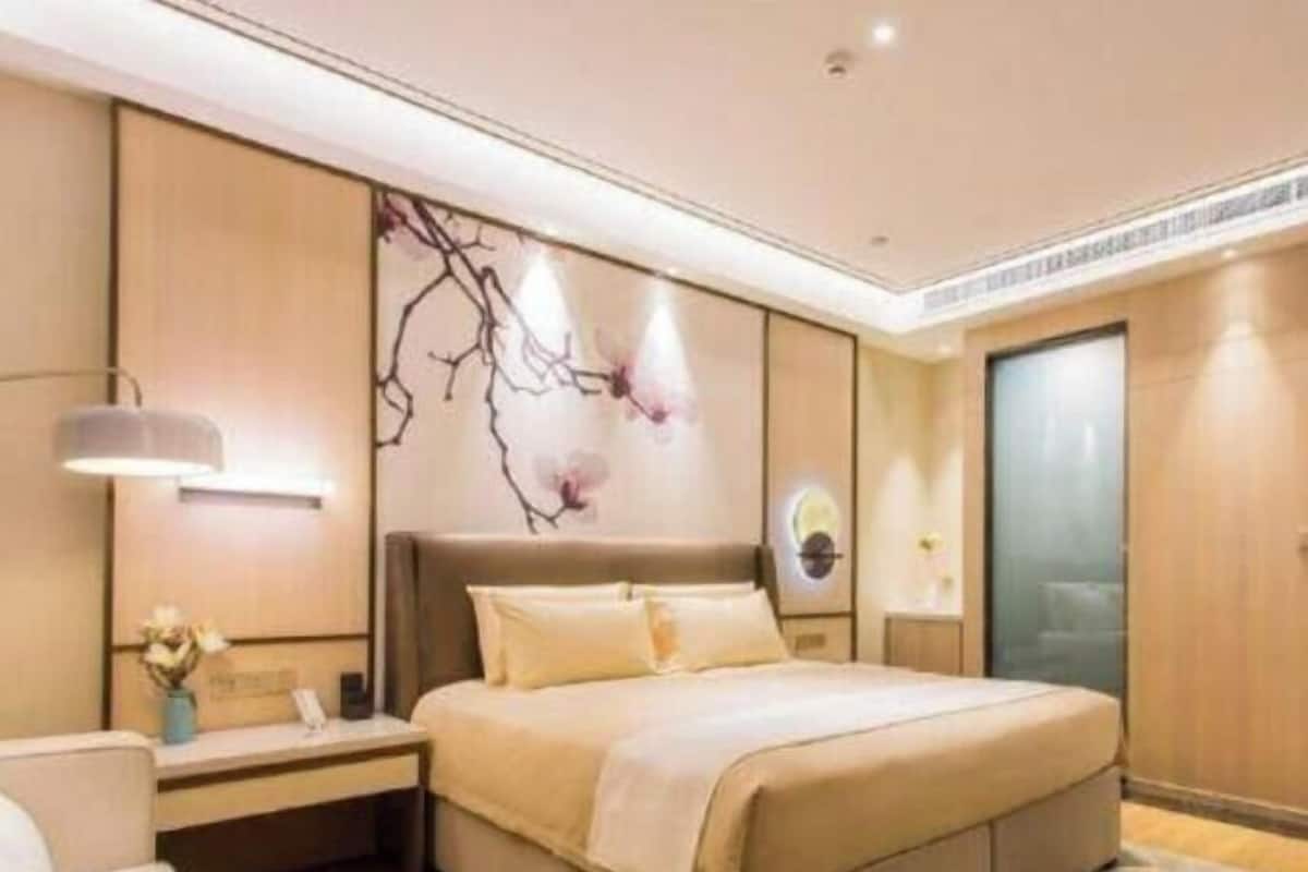 A modern hotel room with a large bed, a bedside table, a wall-mounted lamp, and a decorative wall piece.