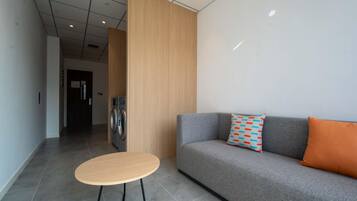 Ein stilvolles Wohnzimmer mit einem grauen Sofa, einem runden Holztisch und einer Waschmaschine im Hintergrund.