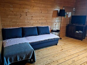 A wooden cabin interior with a sofa, a lamp, and a television. - Le Noisetier - Cosy, comfortable cabin (Mélisey)
