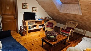 A cozy attic room with a wooden ceiling, a television, a bookshelf, a wicker chair, and a coffee table with a plant. - La Ferme - House with terrace (Mélisey)