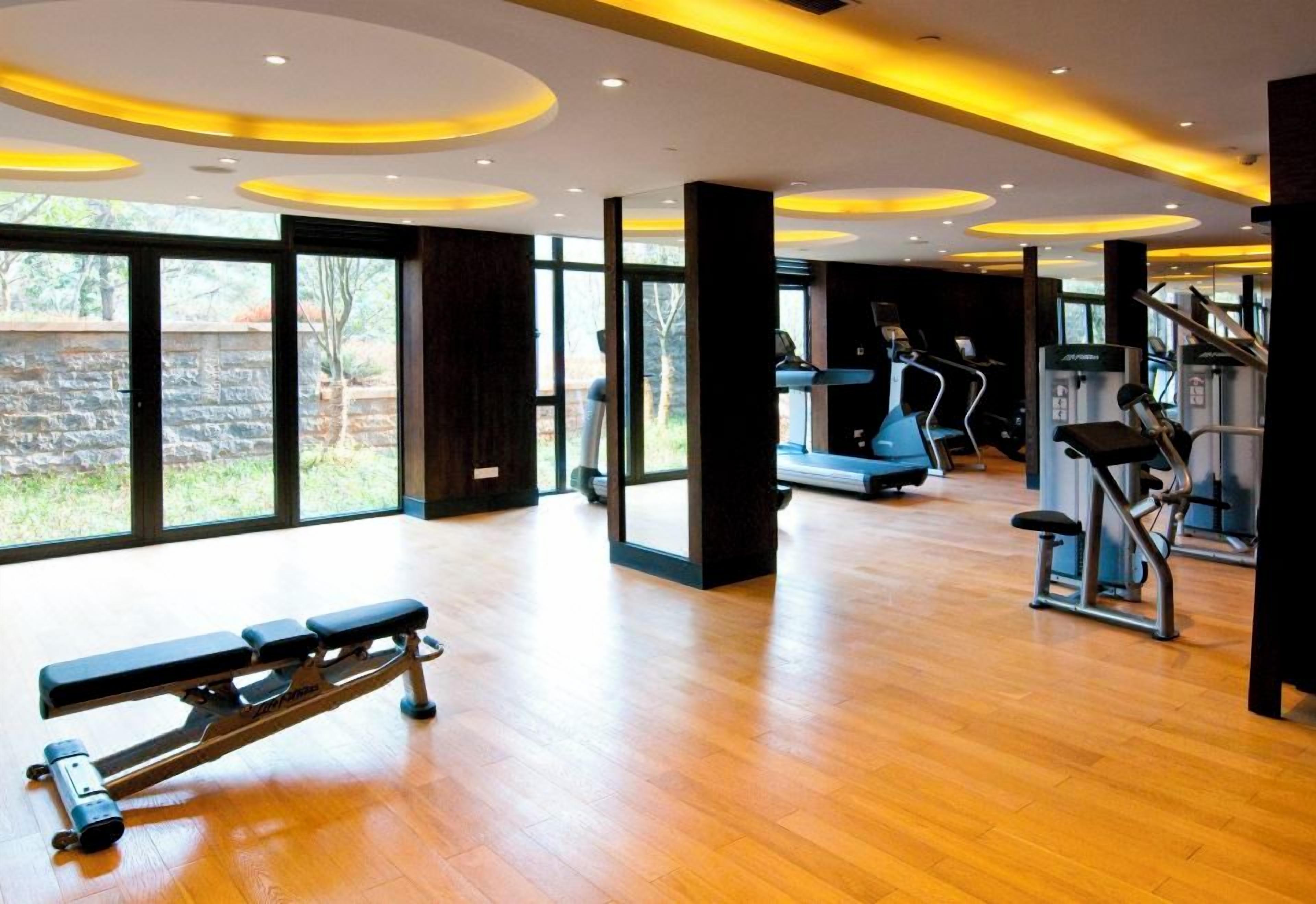 Un gimnasio con máquinas de cardio, una banca y ventanas amplias.