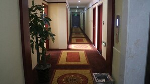 Un pasillo de hotel con pisos alfombrados, puertas a ambos lados y una planta en maceta.