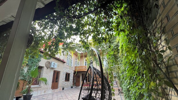 Una silla colgante en un patio con un edificio de ladrillo y plantas en macetas al fondo.