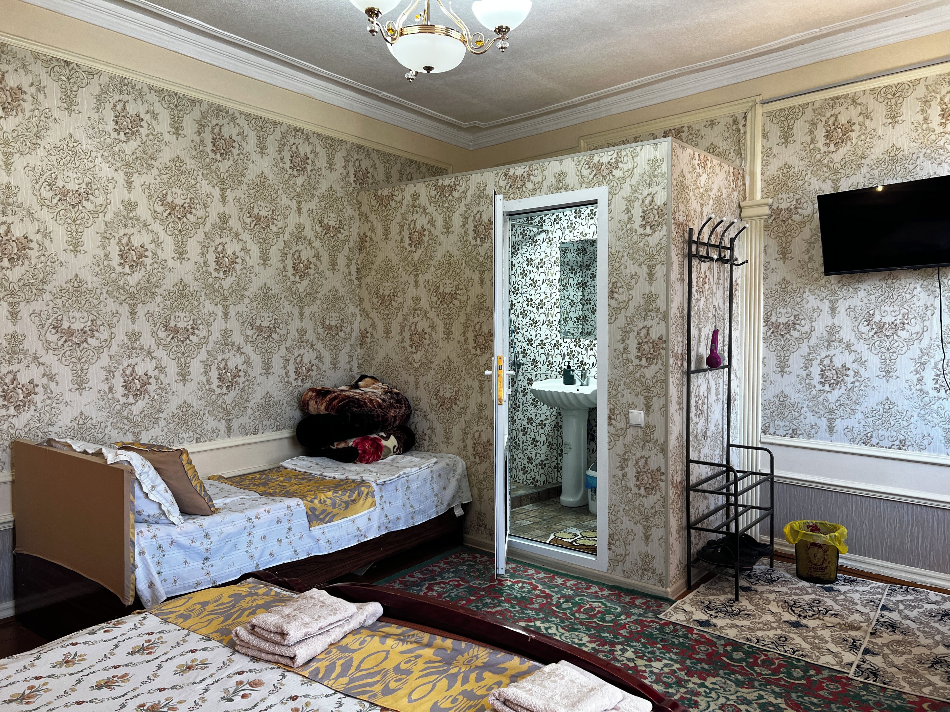 A room with a bed, a wardrobe, a mirror, a sink, and a television.