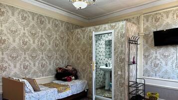 A room with a bed, a wardrobe, a mirror, a sink, and a television.