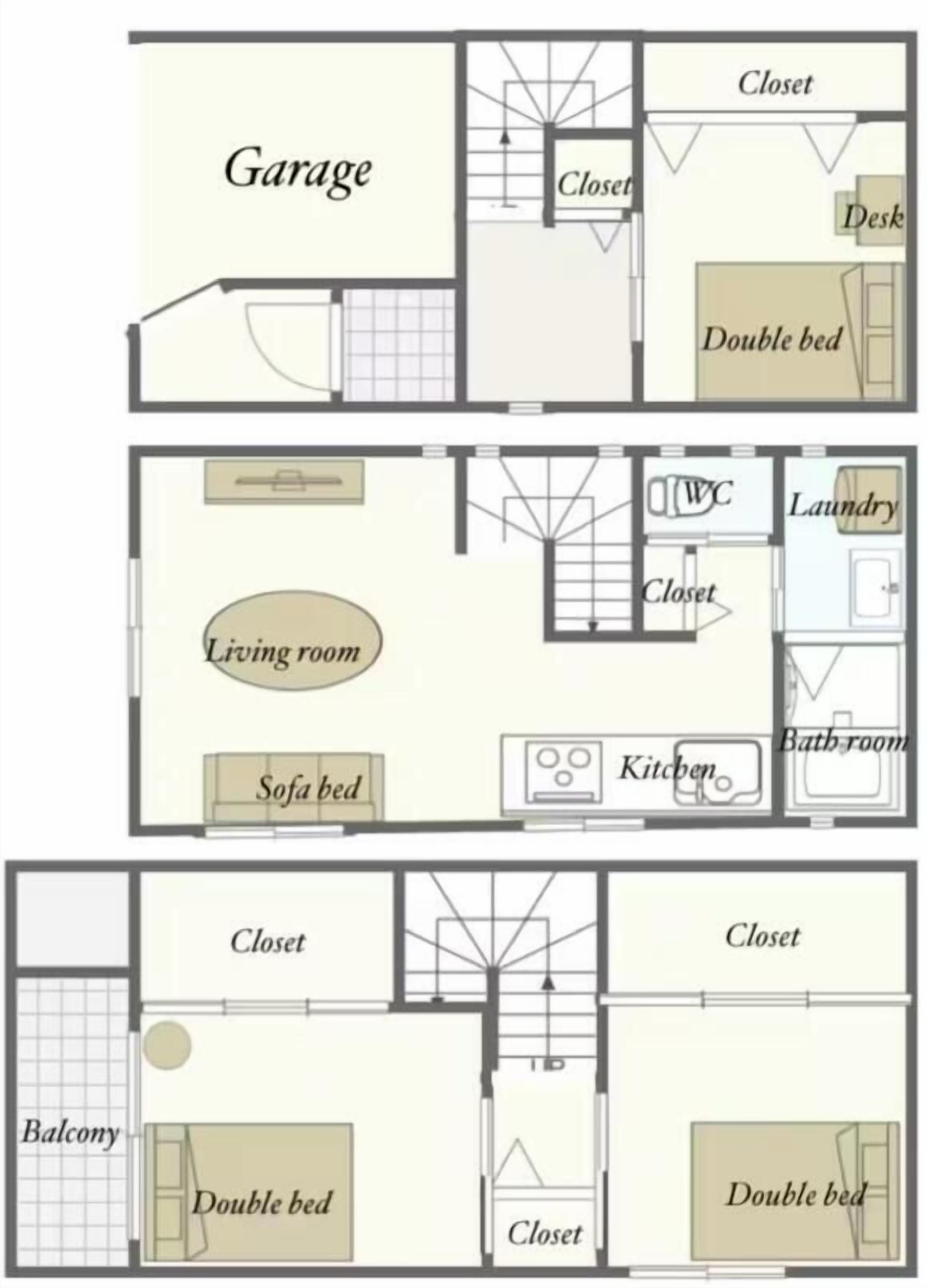 Un plan d’étage comprenant un garage, un salon, une cuisine, une salle de bain, des lits doubles et des placards.