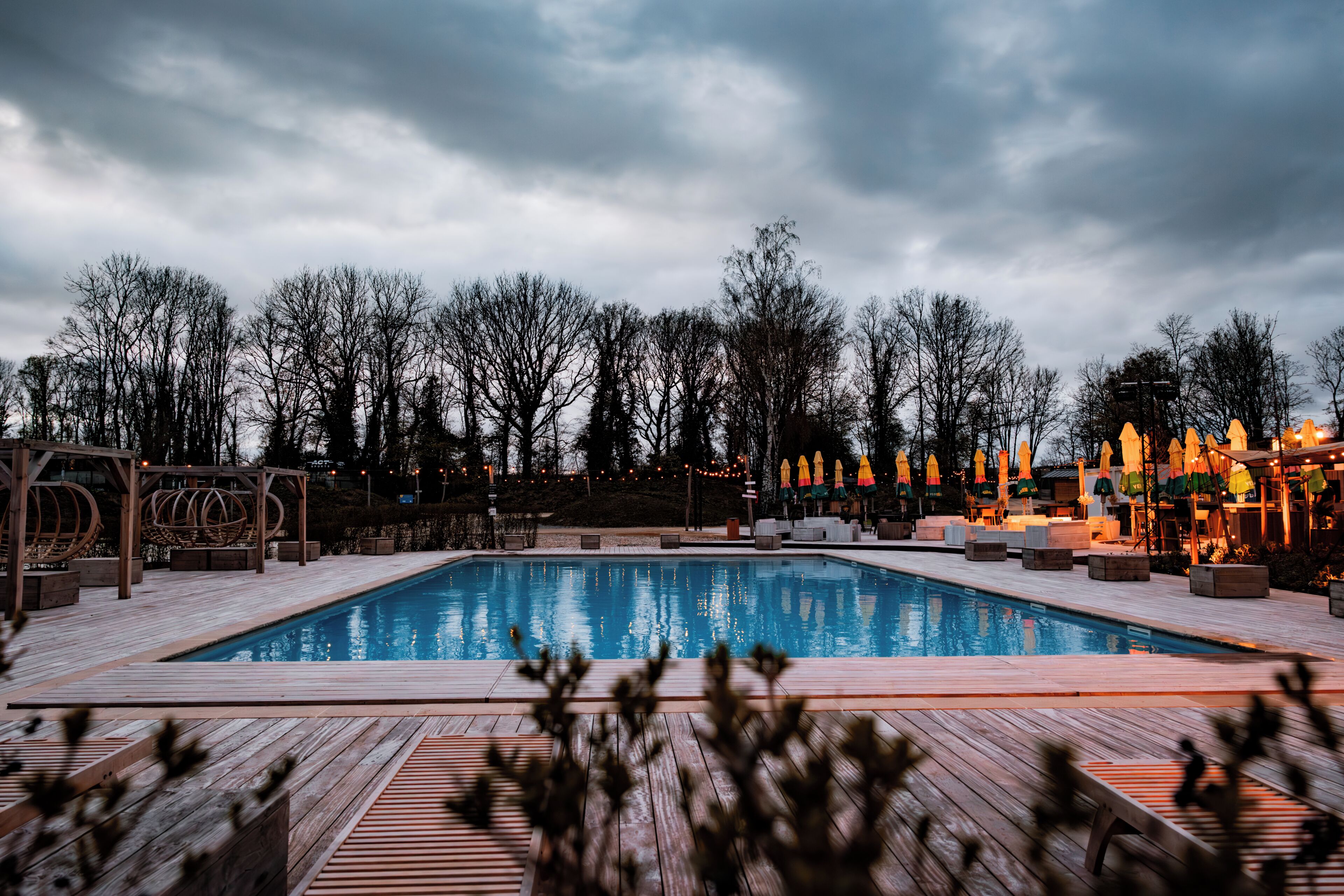 A rectangular swimming pool with a wooden deck, surrounded by lounge chairs and umbrellas, and trees in the background.