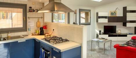 A modern kitchen with a gas stove, blue cabinets, and a large window.