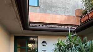 Un pati amb una porta verda, un senyal de balança i una jardineria amb plantes tropicals.