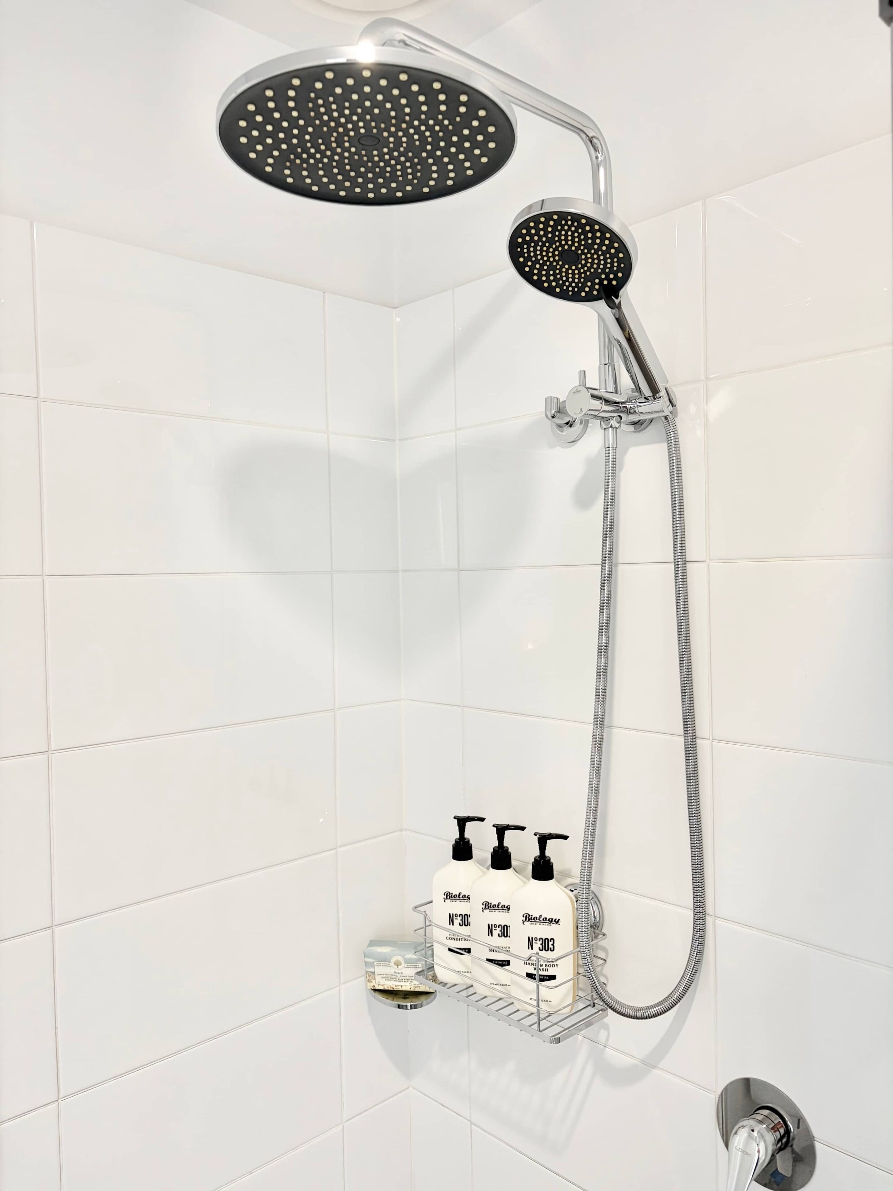 A shower with a handheld showerhead and a fixed rain showerhead, a handheld soap dispenser, and a soap dish with a bar of soap.
