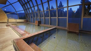 Una piscina interior con techo de vidrio, rodeada por una terraza de madera.