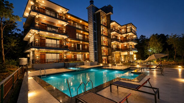 A multi-story hotel with a swimming pool, outdoor seating, and a well-lit facade. - The Hosteller Bam Bir (Jogindarnagar)