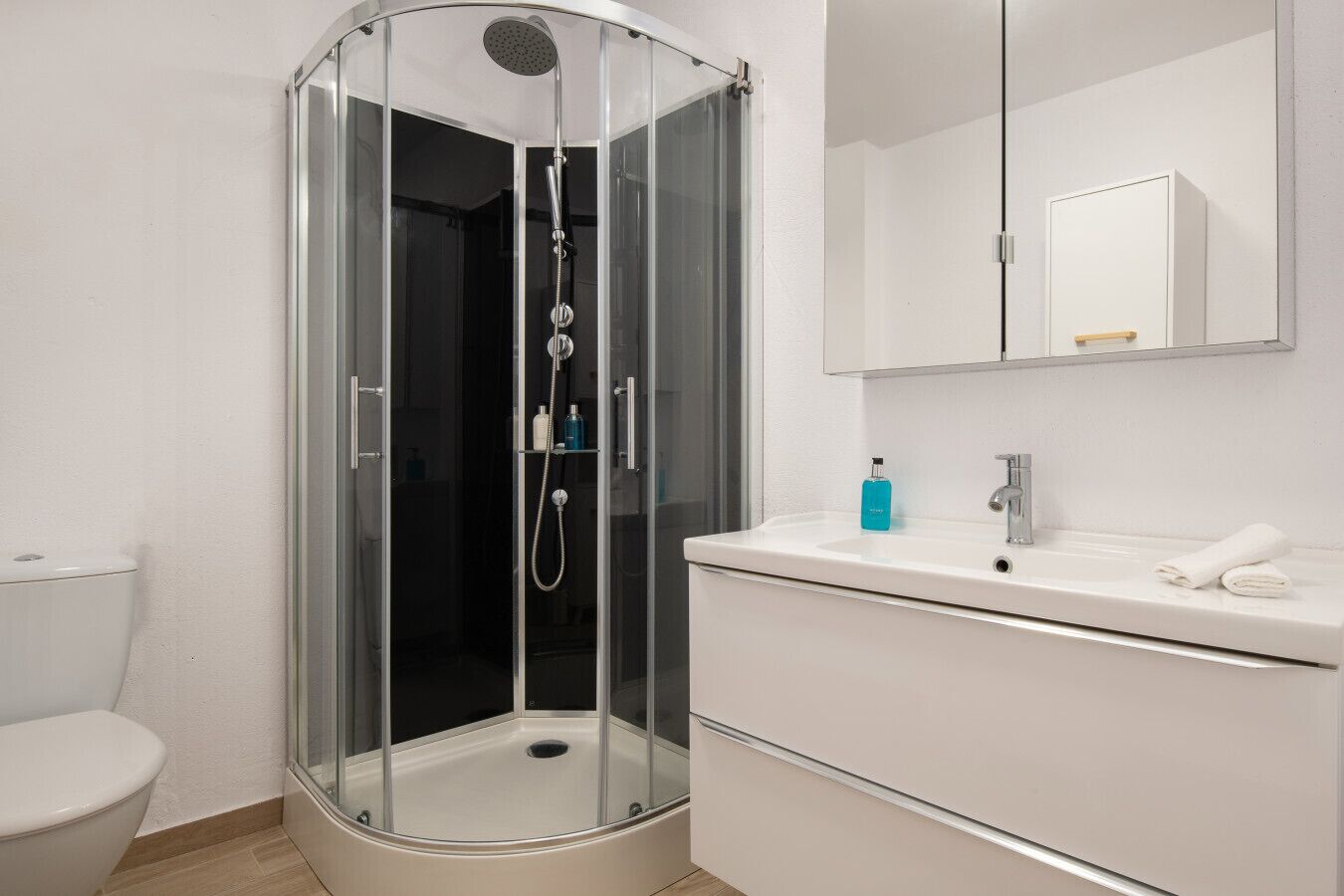Une salle de bain moderne avec une douche à parois de verre, un lavabo blanc et un miroir au-dessus du meuble-lavabo.