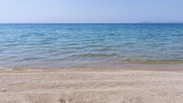 Una playa con agua cristalina y orilla de arena.