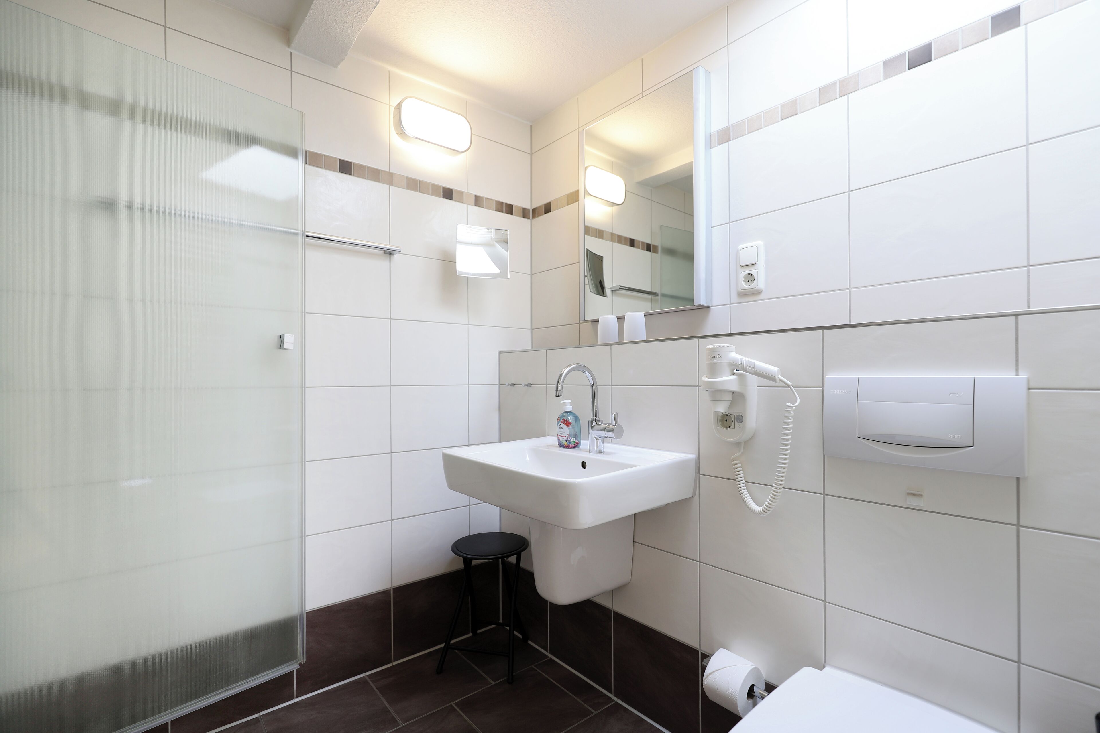Hair dryer, towels, soap, toilet paper