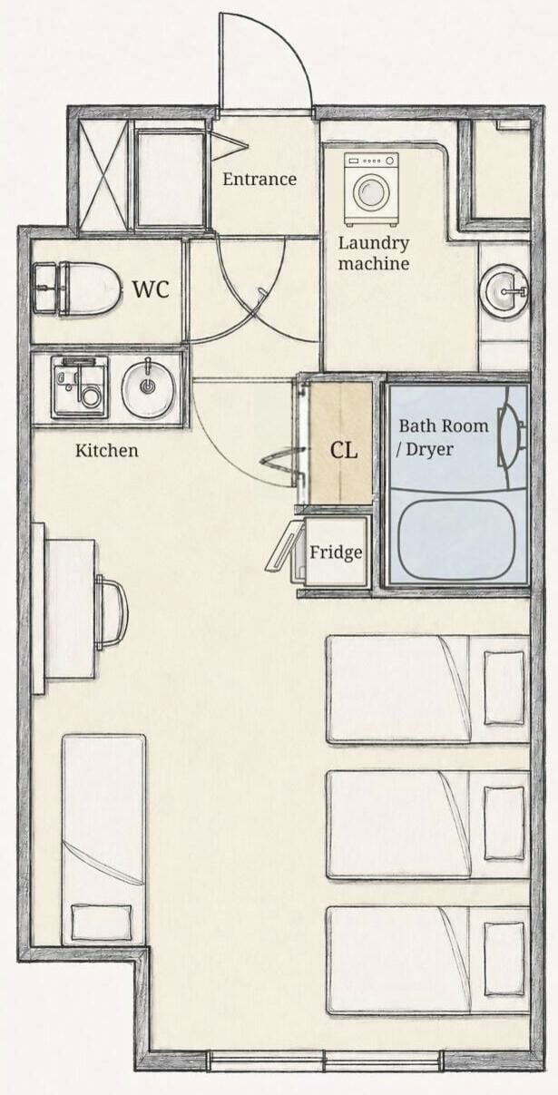 A floor plan of a hotel room with an entrance, WC, kitchen, laundry machine, CL, fridge, and a bathroom with a dryer.