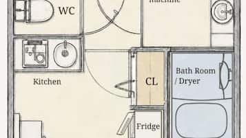 A floor plan of a hotel room with an entrance, WC, kitchen, laundry machine, CL, fridge, and a bathroom with a dryer.