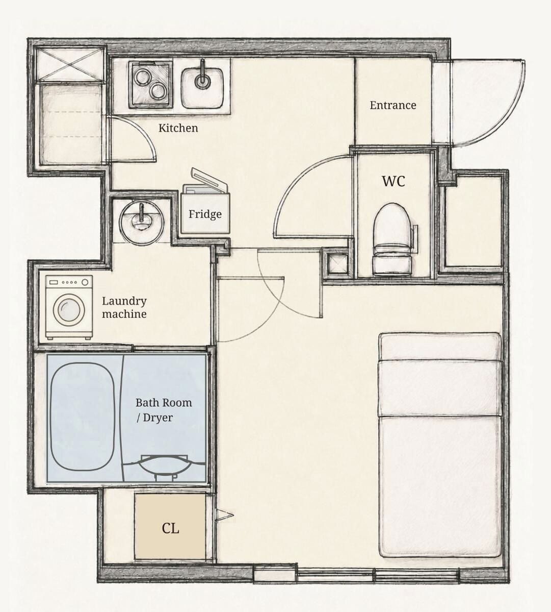 Planta baixa de um quarto de hotel com cozinha, máquina de lavar roupa, banheiro e armário.