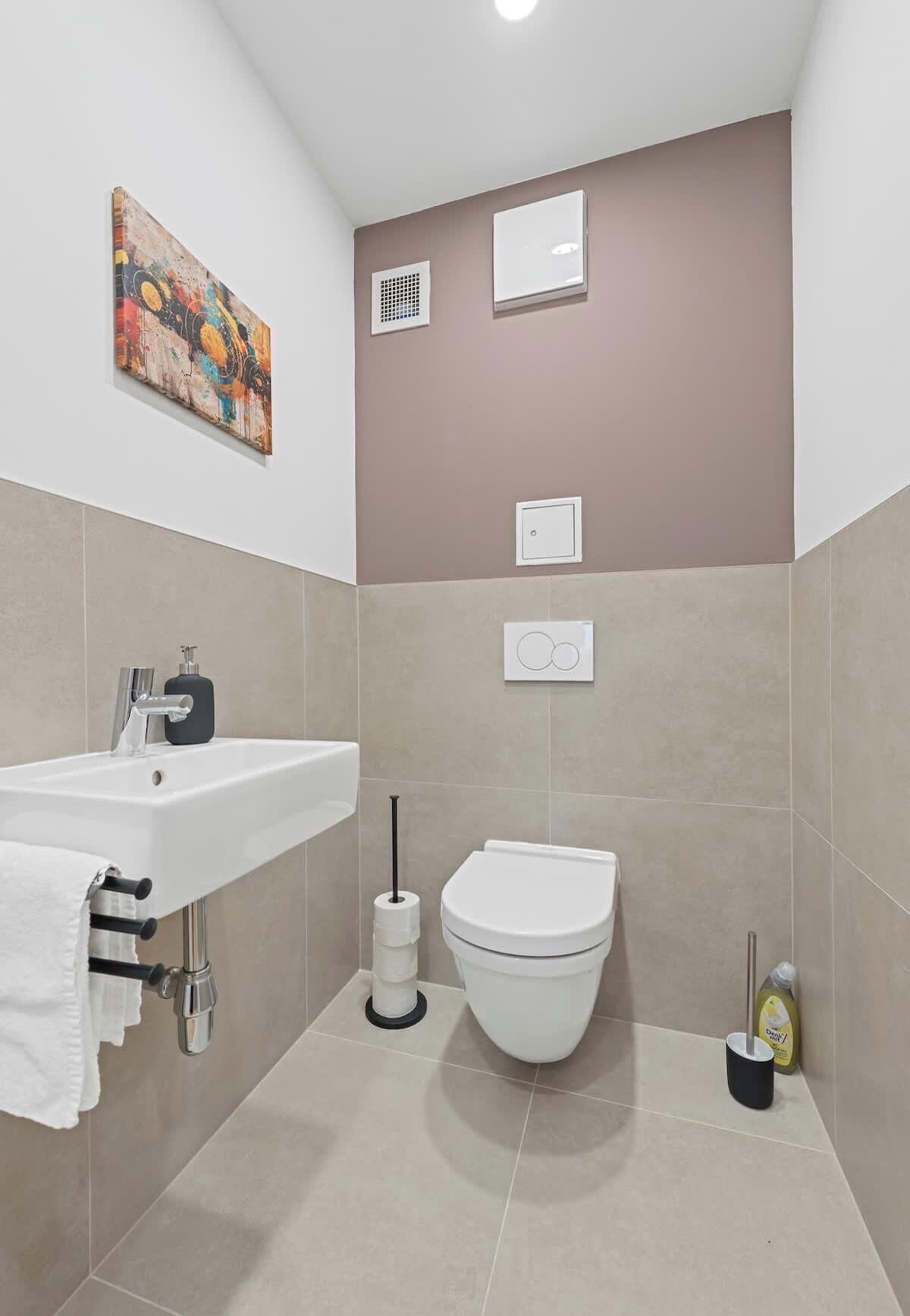 Un bany modern amb un lavabo blanc, un vàter i una zona de dutxa.