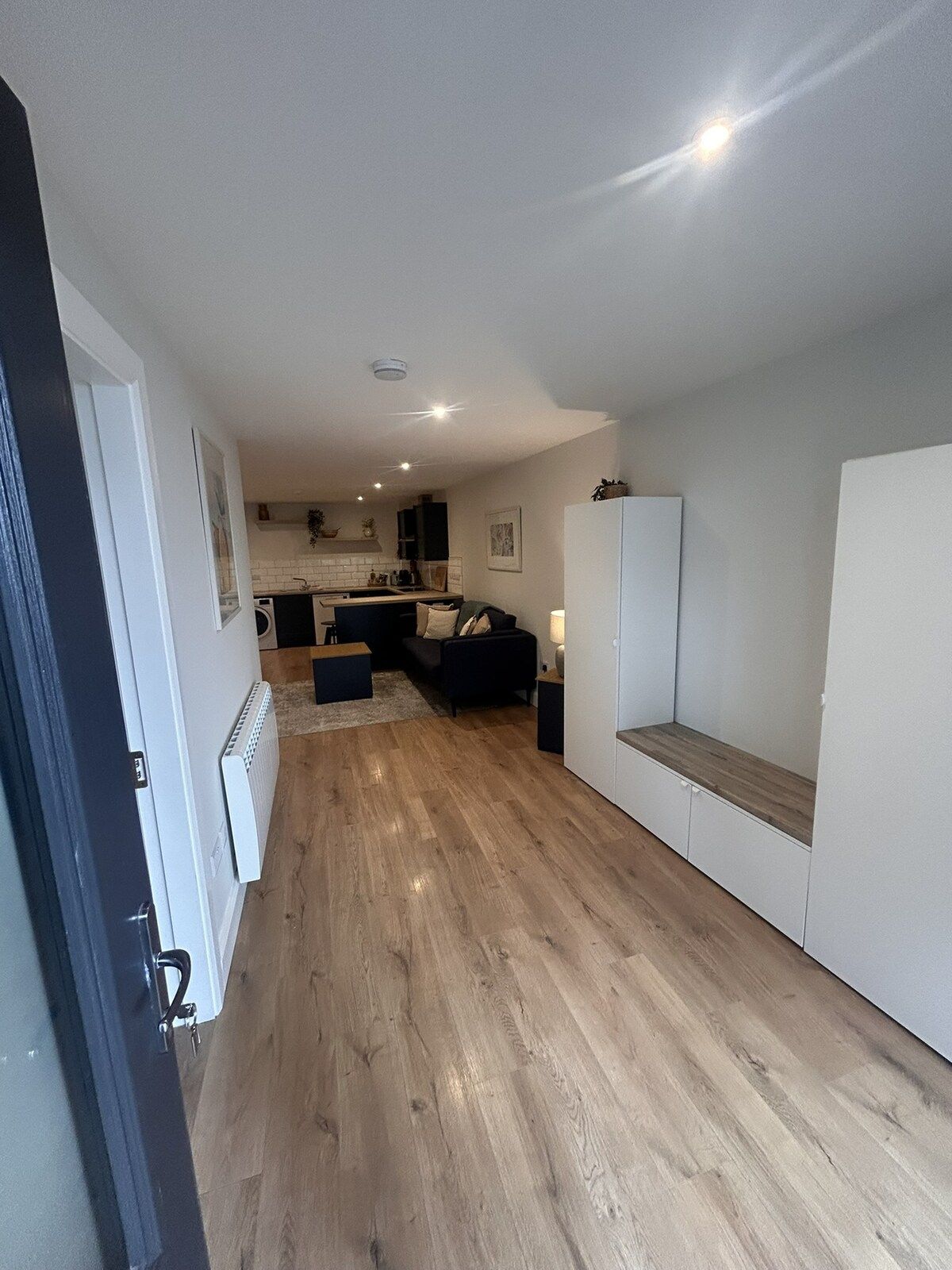 A modern apartment with a kitchen, dining area, and living space.