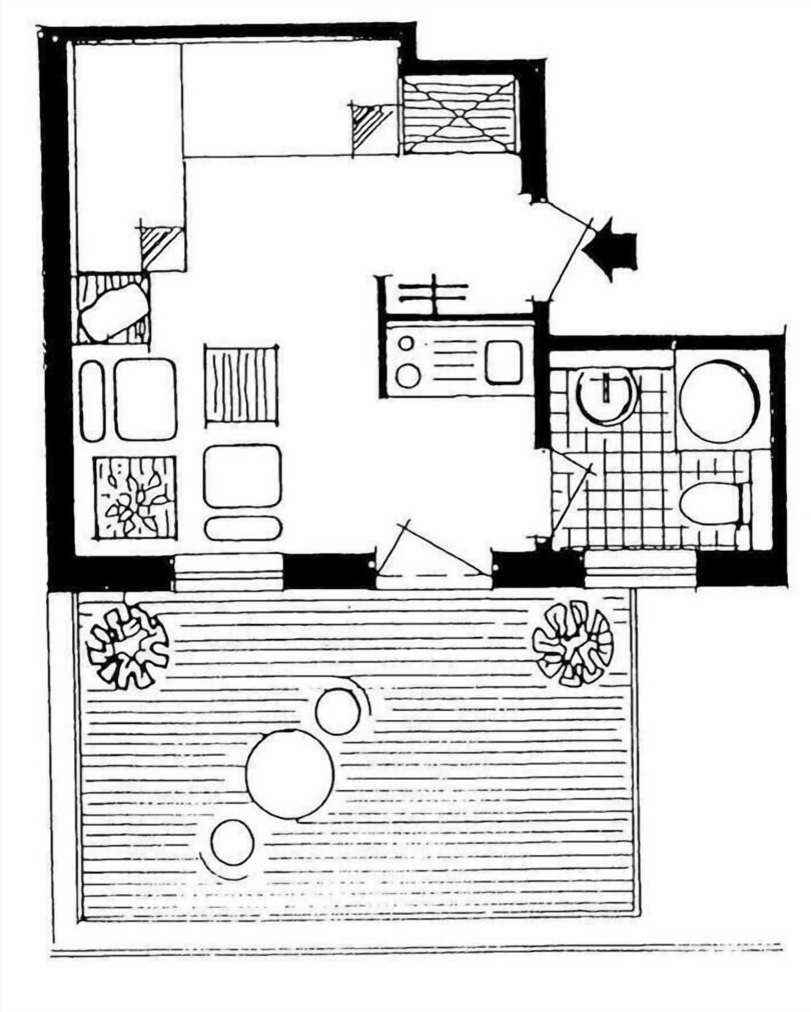 A floor plan with a kitchen, dining area, two bedrooms, a bathroom, and a small outdoor area with a pool.