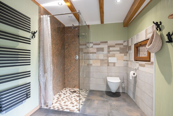 Shower, hair dryer, towels
