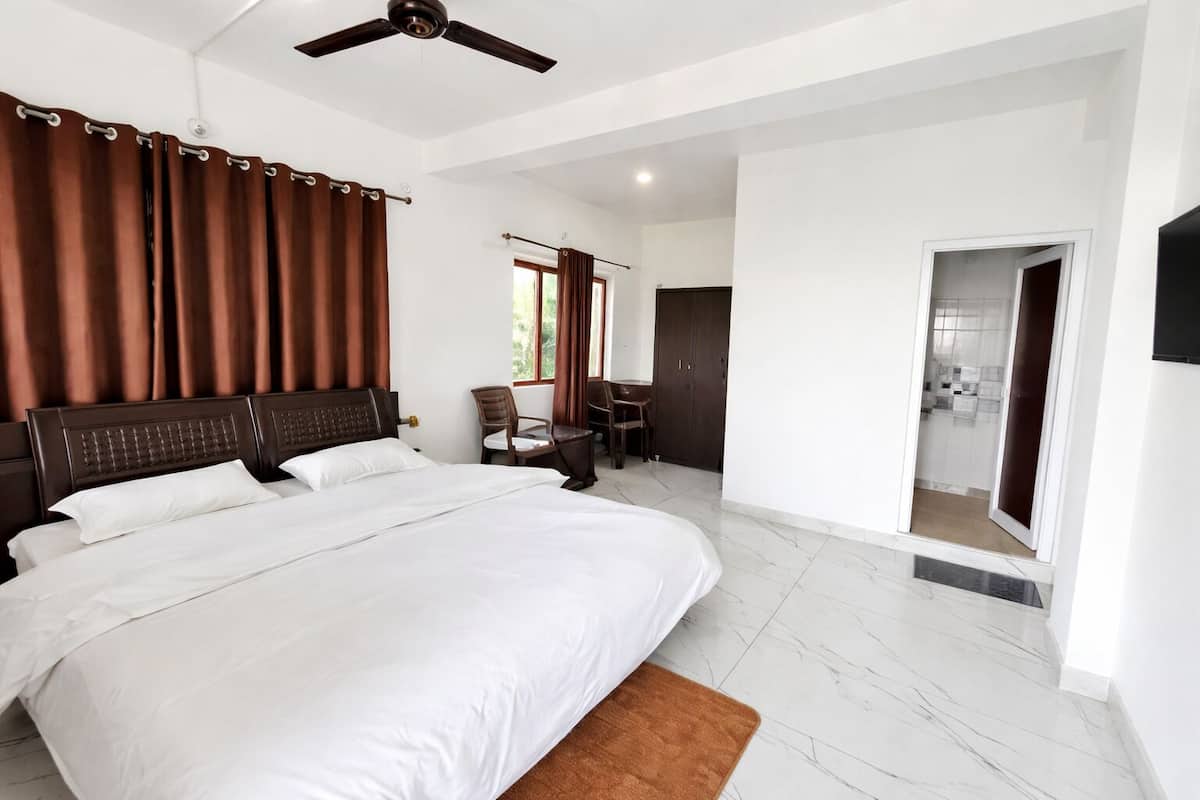 A hotel room with a large bed, a desk, and a shower area.