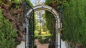 Une porte métallique en arc de cercle qui mène à un jardin agrémenté d’une fontaine et d’un sentier.