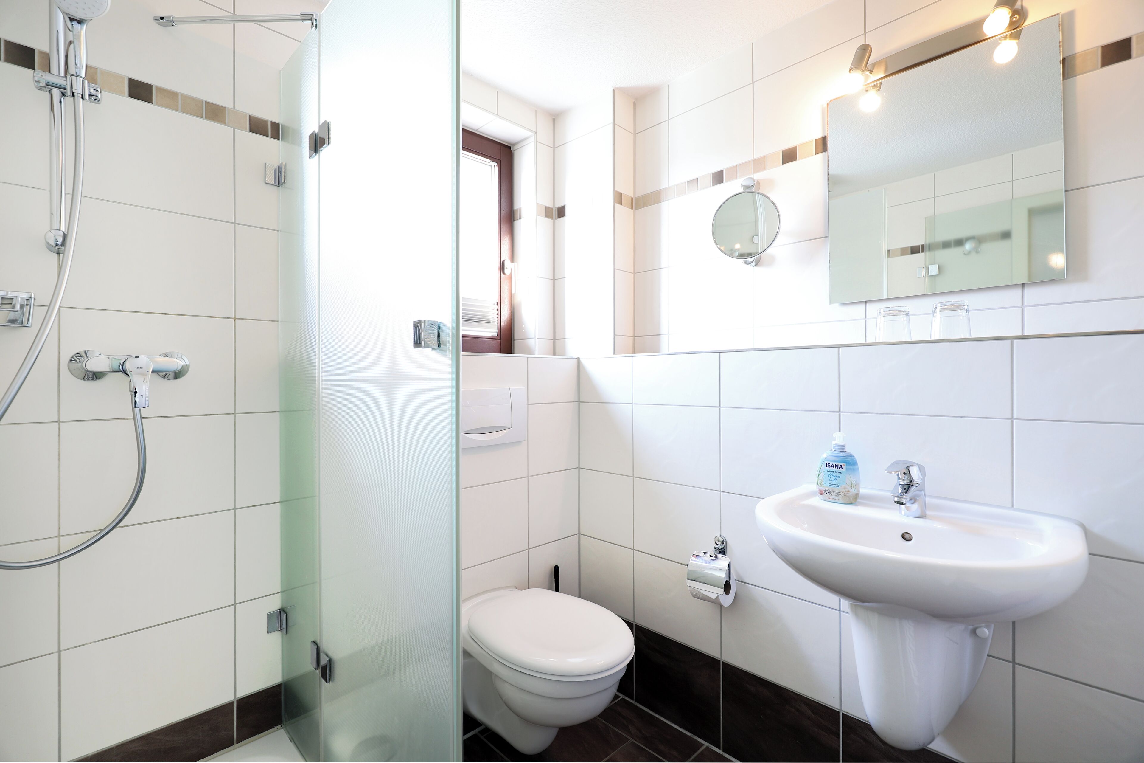 Hair dryer, towels, soap, toilet paper