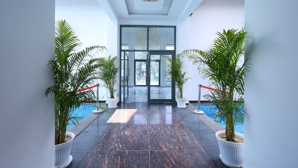 Un hall d’hôtel moderne avec un sol en marbre, des plantes en pot, une entrée en verre et une vue sur l’espace piscine.