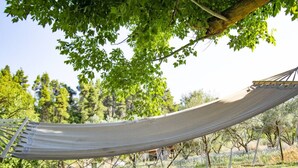 A hammock under a tree, surrounded by greenery and a fence. - Forest View Apartment 1 by RentalsPro (Fourka)