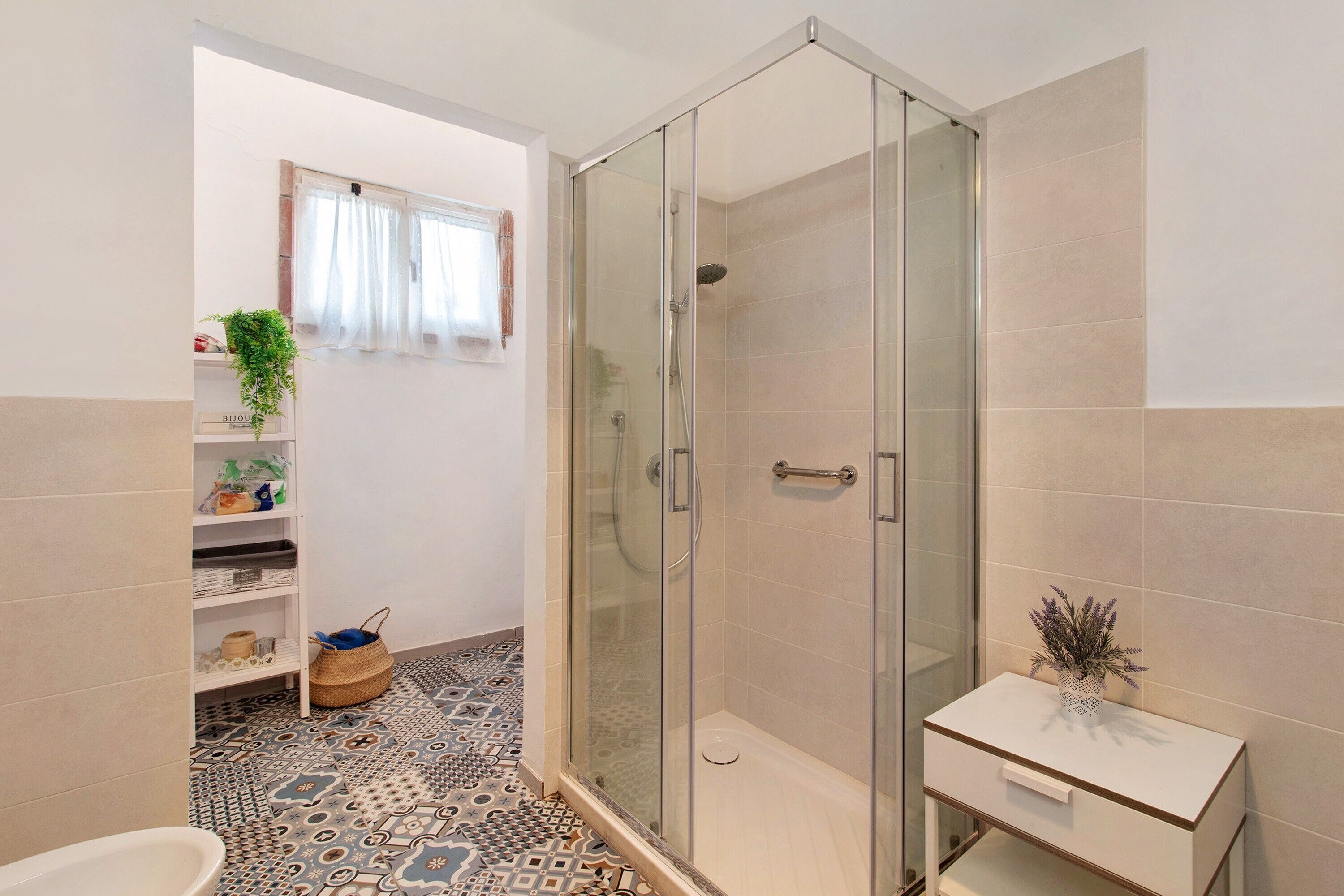 Shower, hair dryer, towels