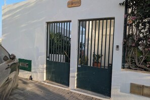 A white building with two barred doors, a green mailbox, and a potted plant. - SeafrontView · Cozy T1 Apartment - 3 (Praia)