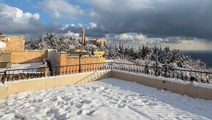 Ein mit Schnee bedecktes Dach, ein klarer Himmel, eine entfernte Ansicht eines historischen Gebäudes und ein Metallgeländer.
