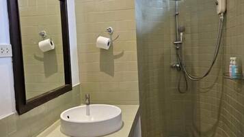 Classic Double Room, Pool View | Bathroom | Shower, hair dryer, towels, toilet paper