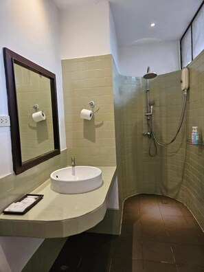 Classic Double Room, Pool View | Bathroom | Shower, hair dryer, towels, toilet paper