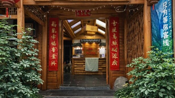A wooden building entrance with steps leading up to a reception area. - Just wait for you- English reception-Ticket reservation (Zhangjiajie)