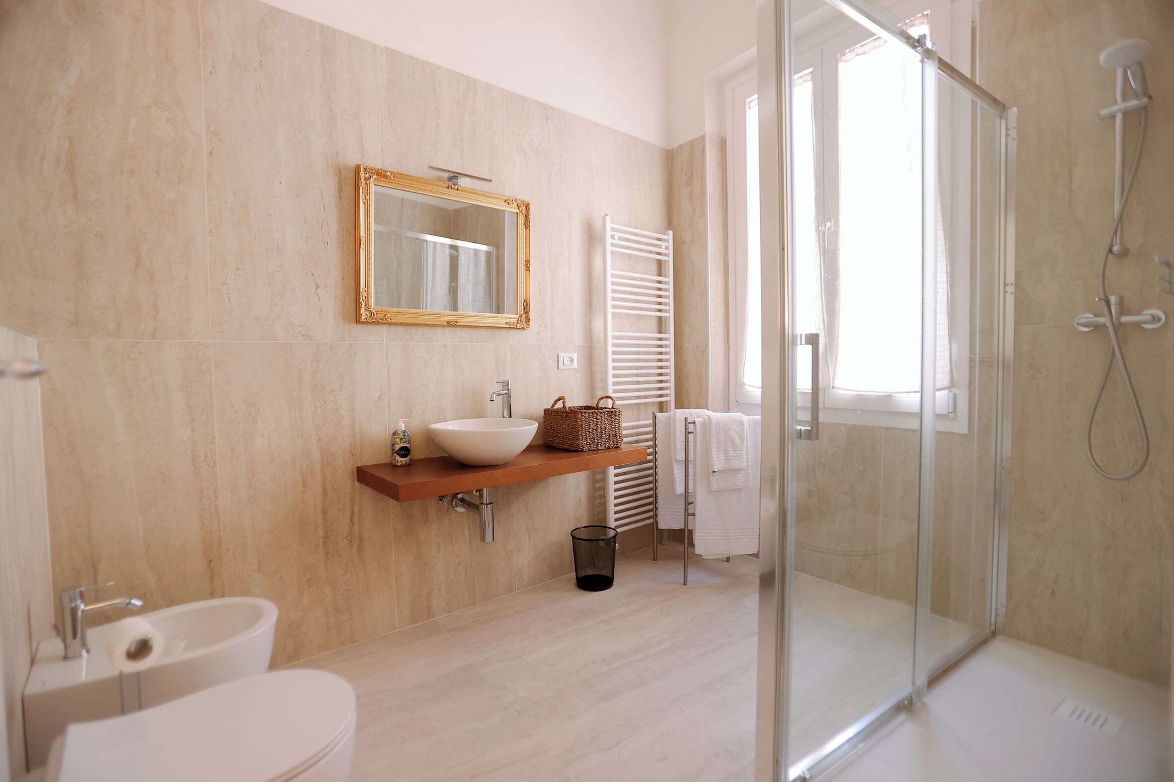 Shower, hair dryer, bidet, towels