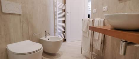 Shower, hair dryer, bidet, towels