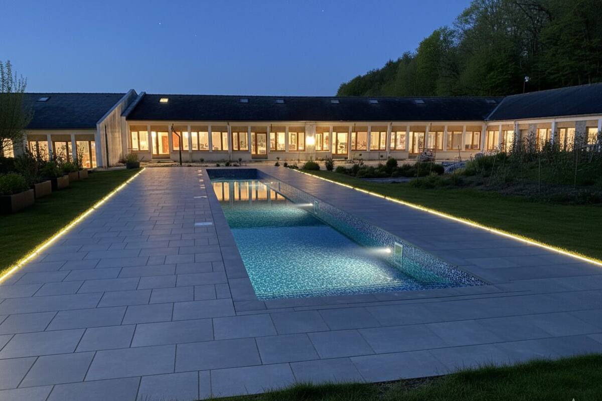 Une maison moderne dotée d’une piscine, d’un chemin pavé et d’un éclairage extérieur soigné.