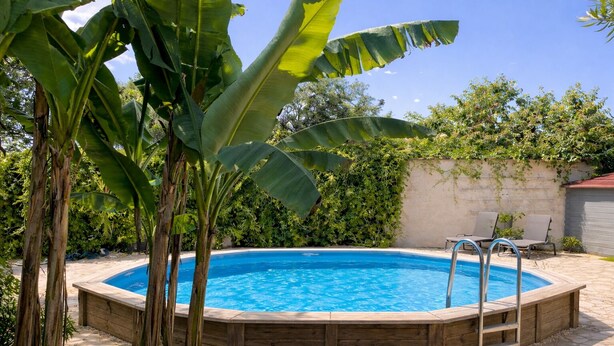 Une piscine ronde en bois, dotée d’une échelle, entourée de carreaux de pierre et d’une végétation luxuriante.